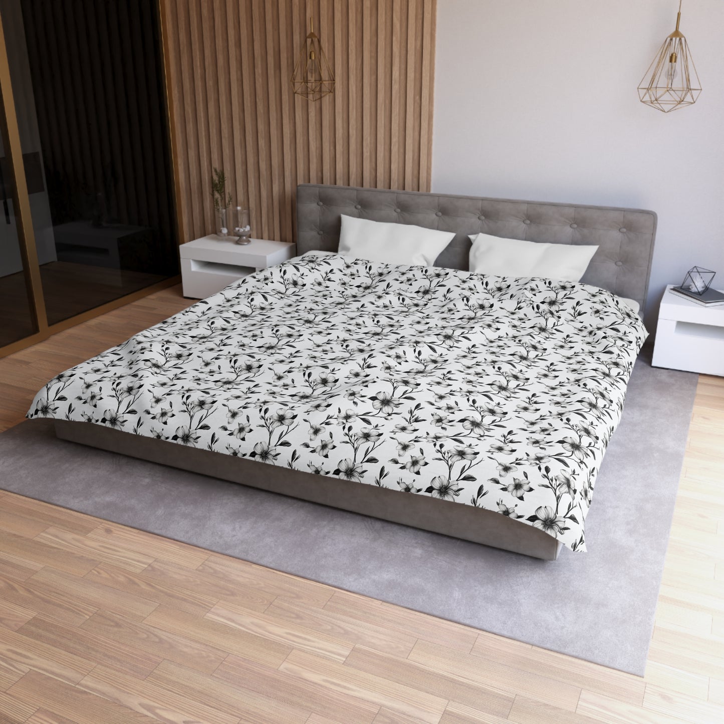 Black & White Five Petal Floral Duvet Bedding Set