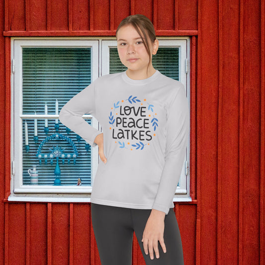 Hanukkah Love Peace Latkes Youth Long Sleeve Tee