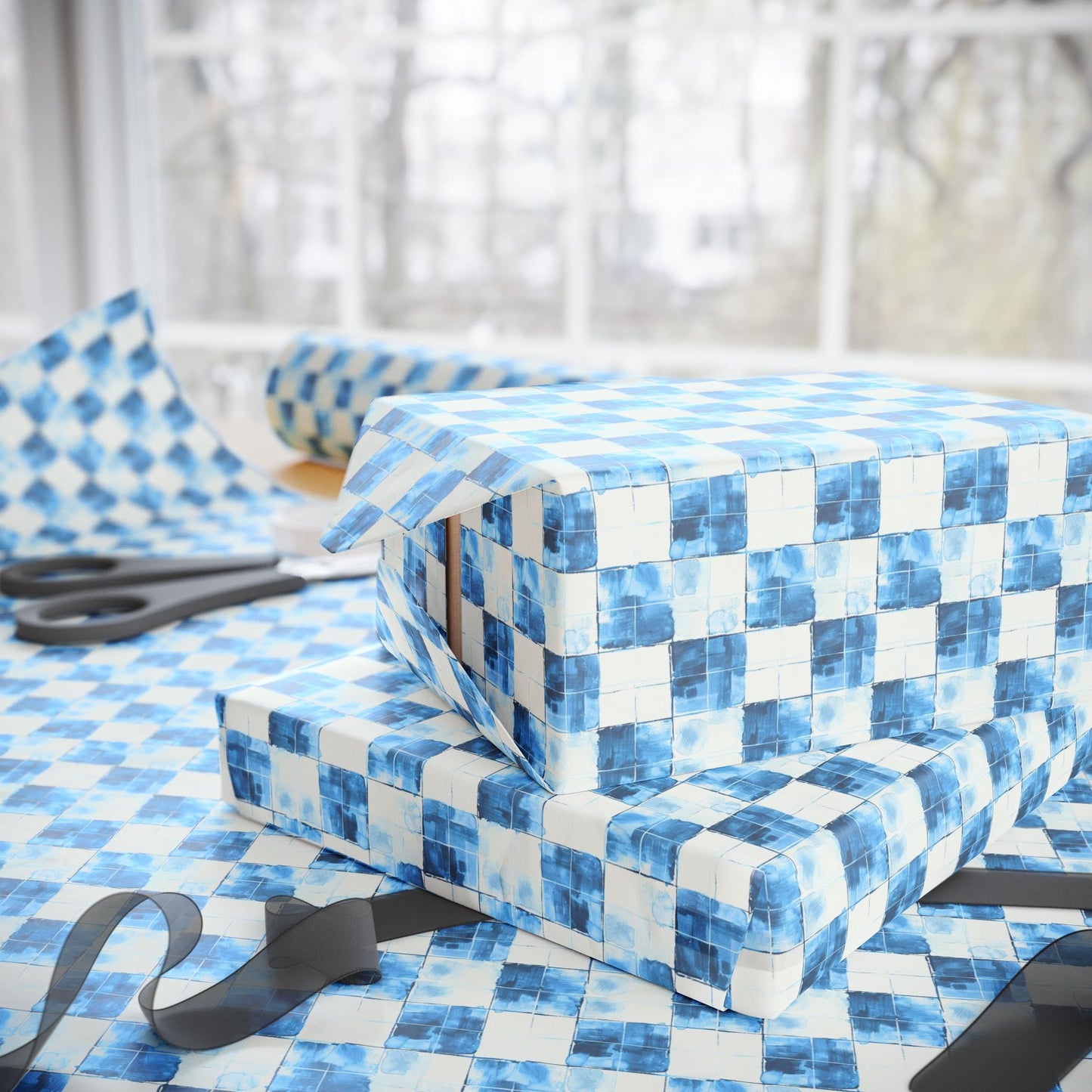 Cozy Blue Checkered Wrapping Paper