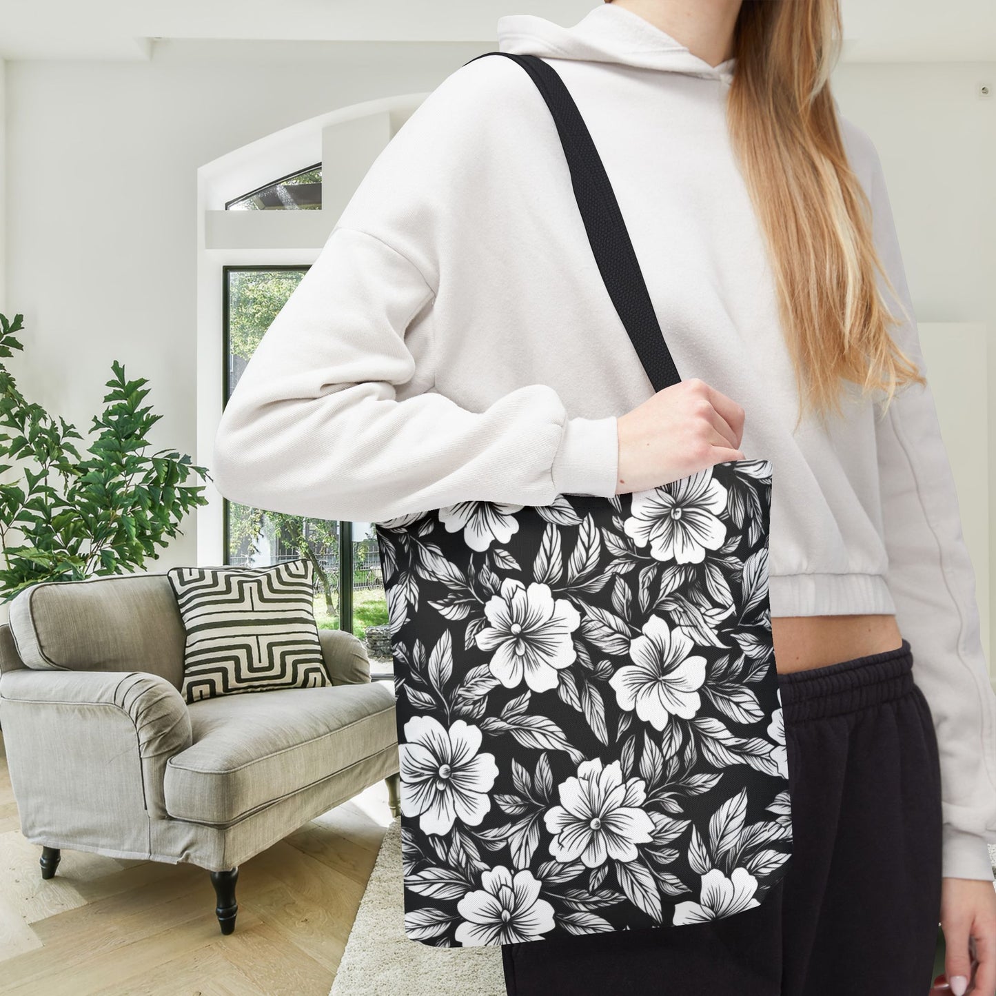 Monochrome Paradise Bloom Canvas Tote Bag