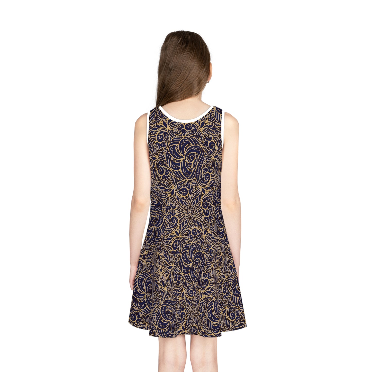 Golden Midnight Radiance Mandala Floral Girls' Sleeveless Sundress