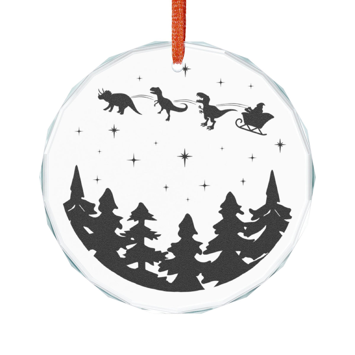 Santa Sleigh with Dinosaurs Silhouette Glass Ornament