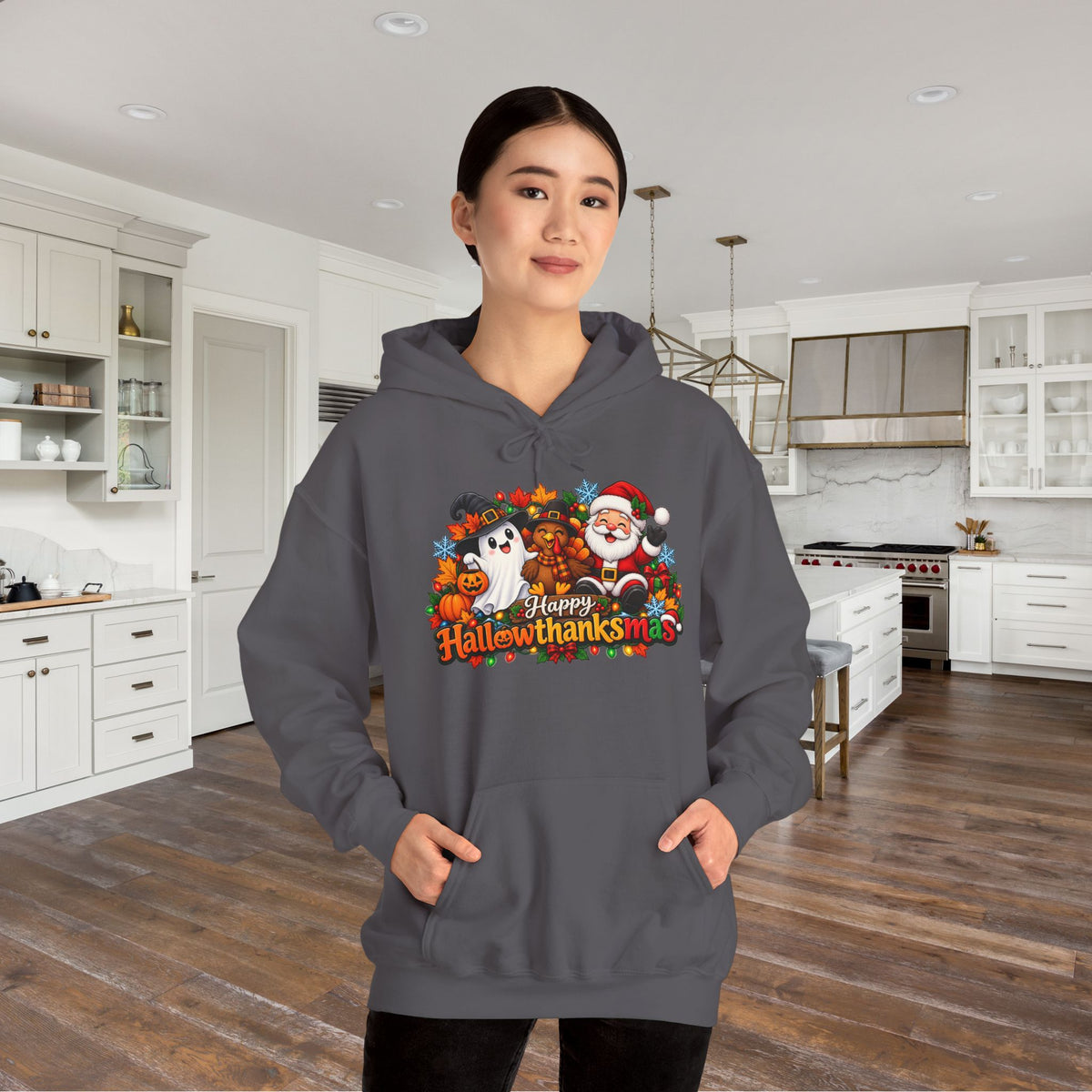 Happy Hallowthanksmas Shirt (Ghost/Turkey/Santa) Heavy Blend™ Adult Hoodie