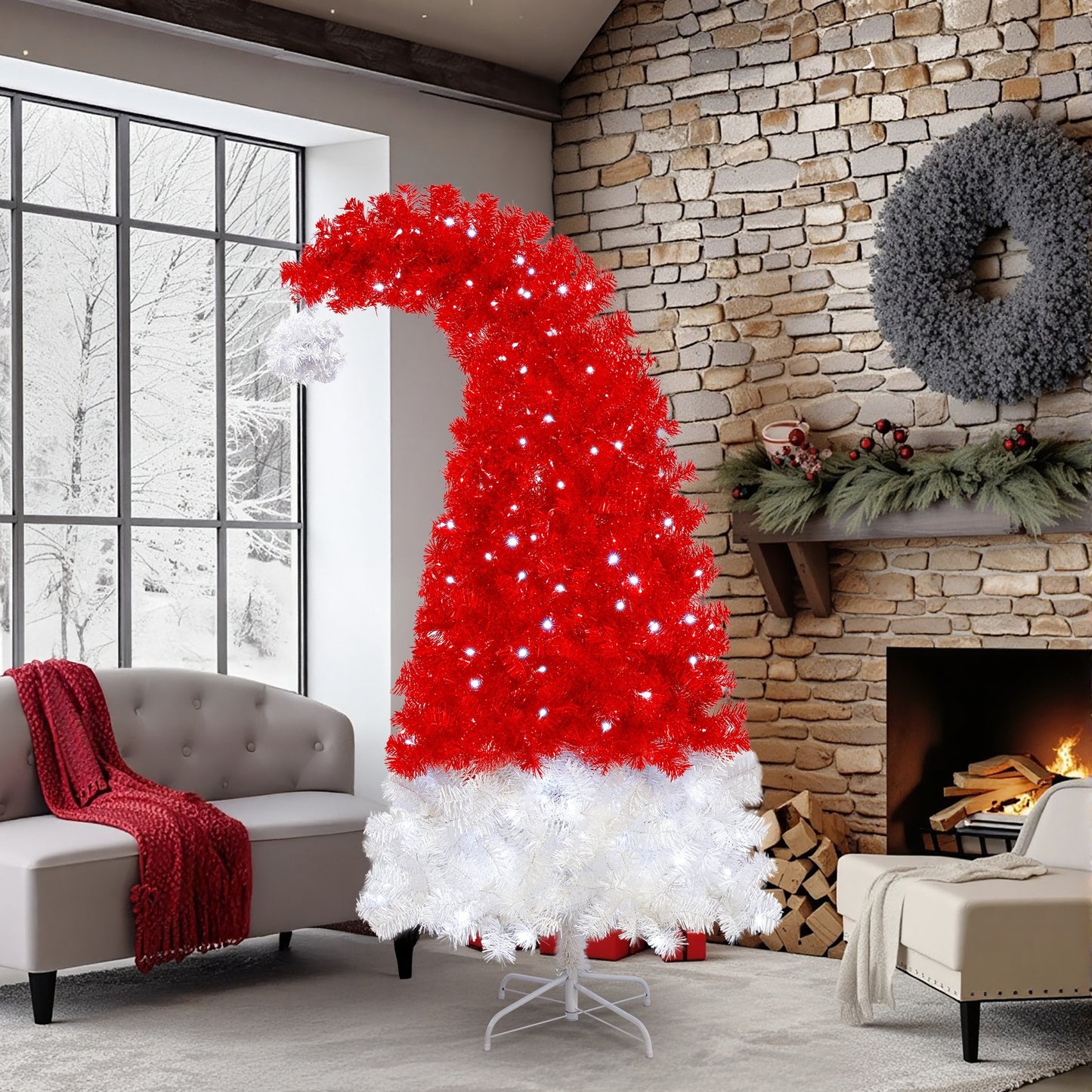 Santa's Hat Shape Artificial Whimsical 6FT Christmas Tree With LED Lights
