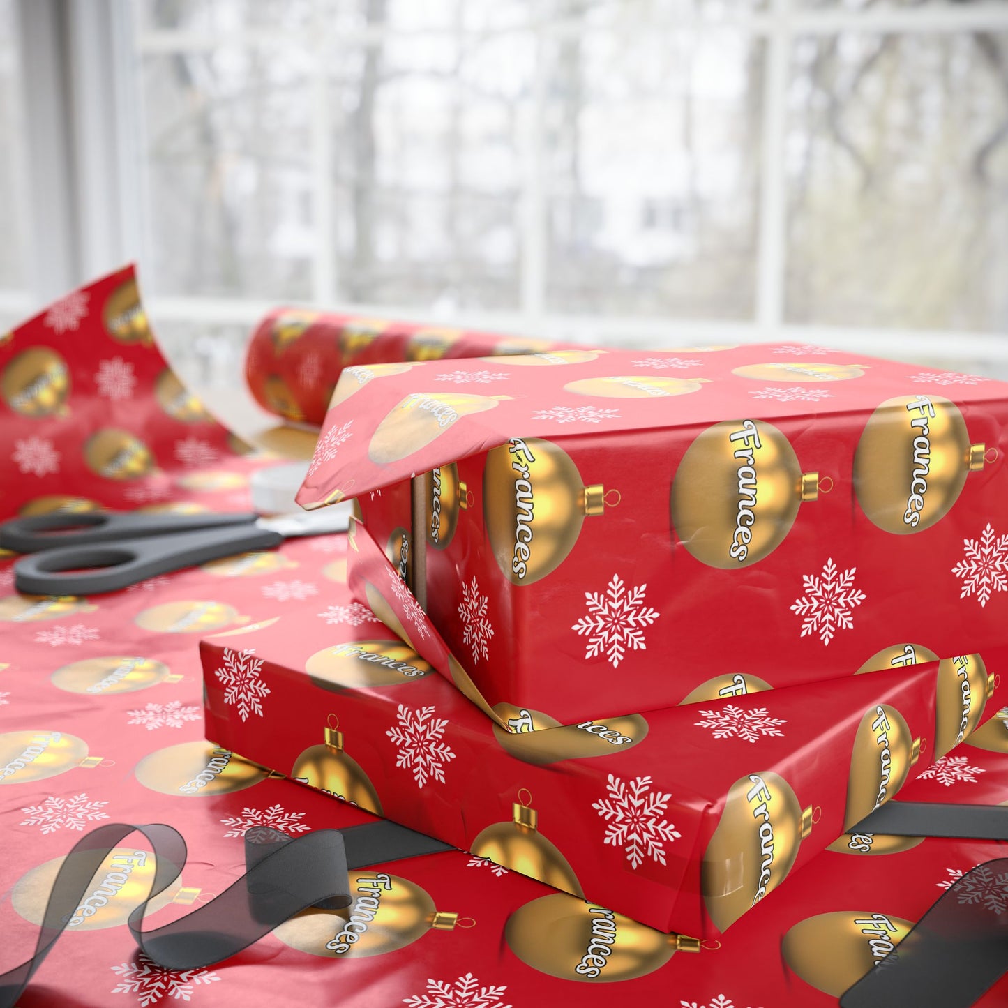 Gold Ornament Red Background Custom Wrapping Paper (Frances)