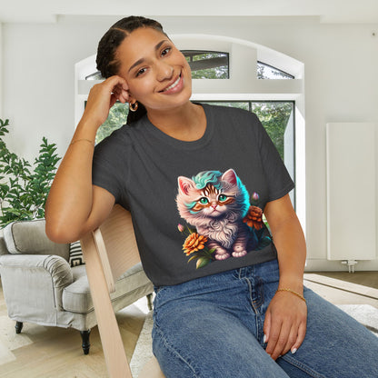Cute Colorful Kitten in Flowers 3 Adult T-shirt