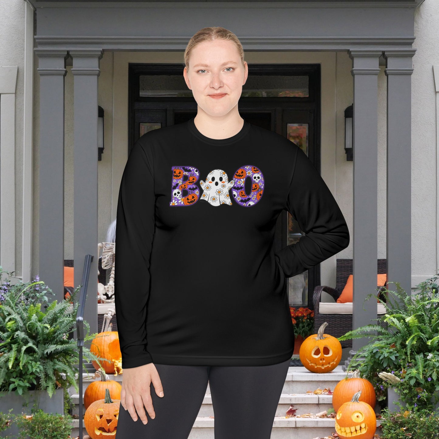 Cute Floral Boo w/Ghost Adult Long Sleeve Tee