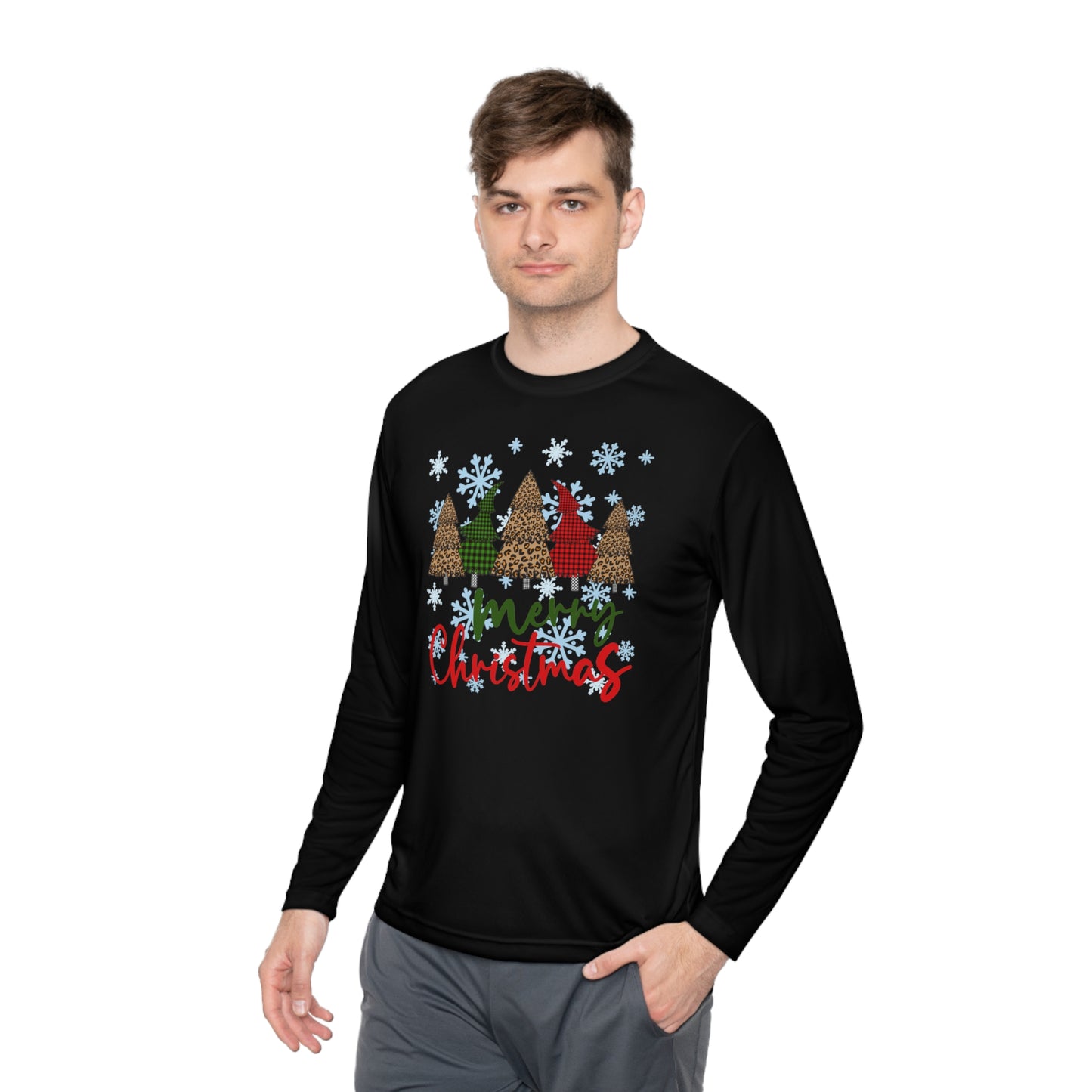 Checkered Trees Merry Christmas Adult Long Sleeve Tee