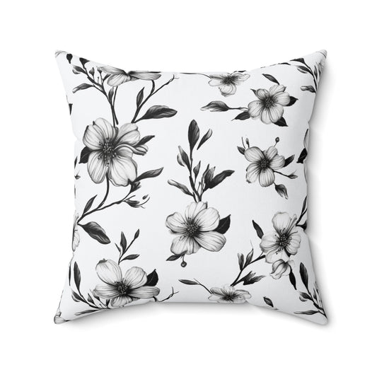 Black & White Five Petal Floral Throw Pillow