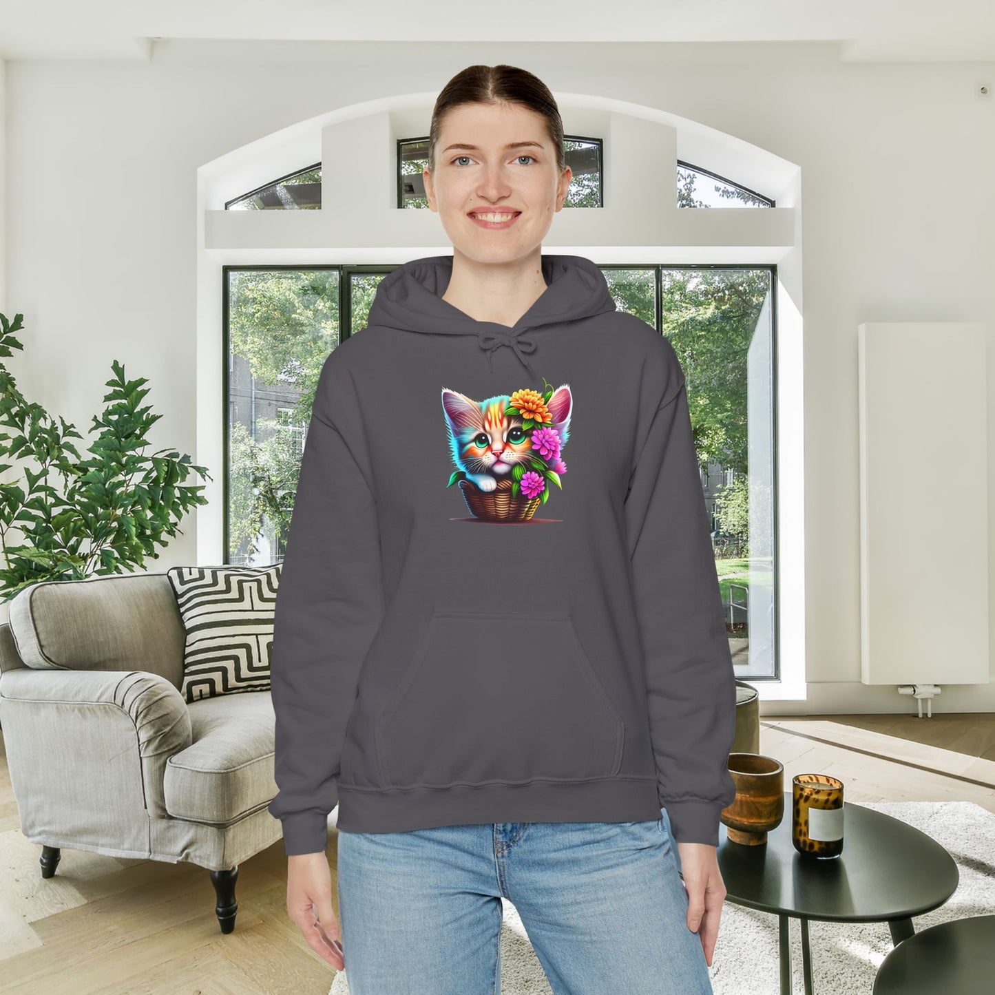 Cute Colorful Kitten in Flowers Heavy Blend™ Hooded Sweatshirt