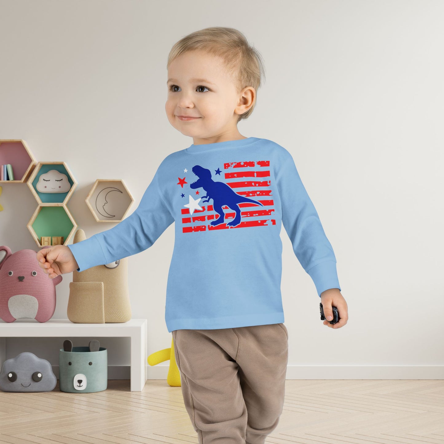 Distressed Patriotic T-Rex  Toddler Long Sleeve Tee