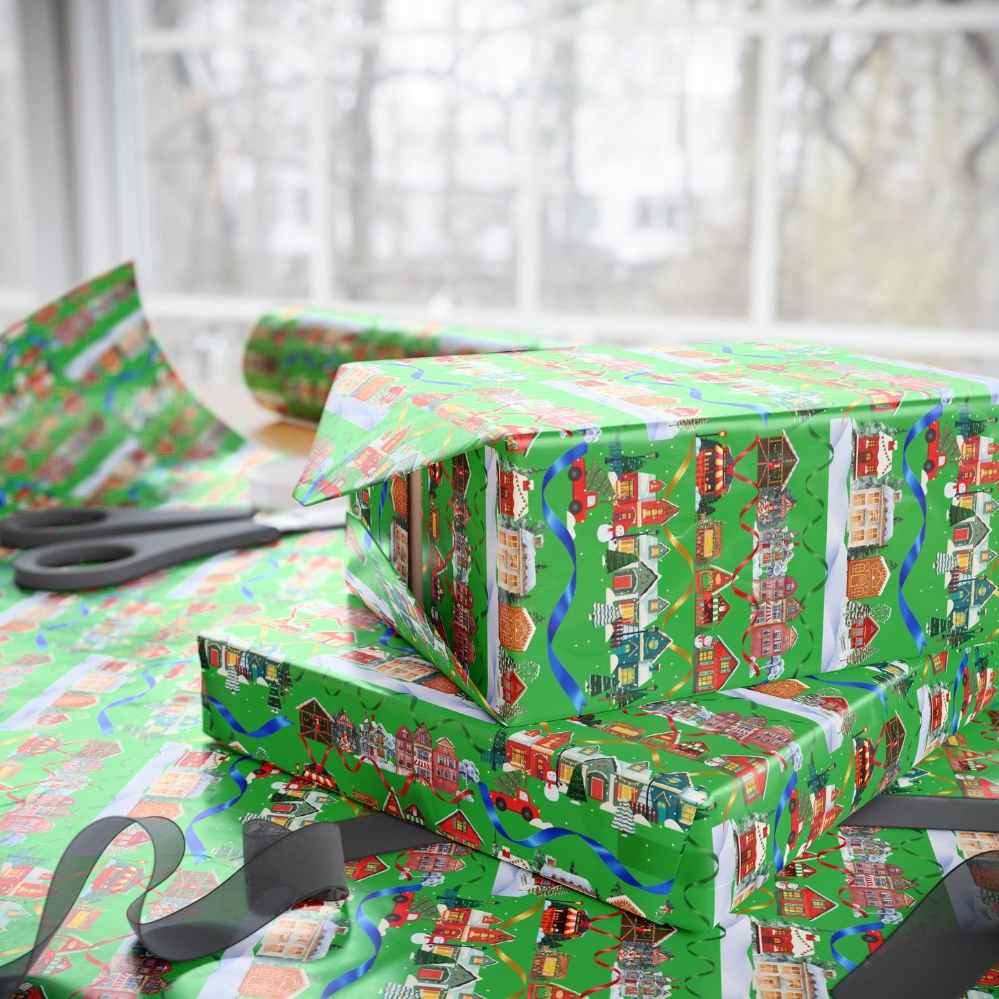 Colorful Christmas Village Green Wrapping Paper