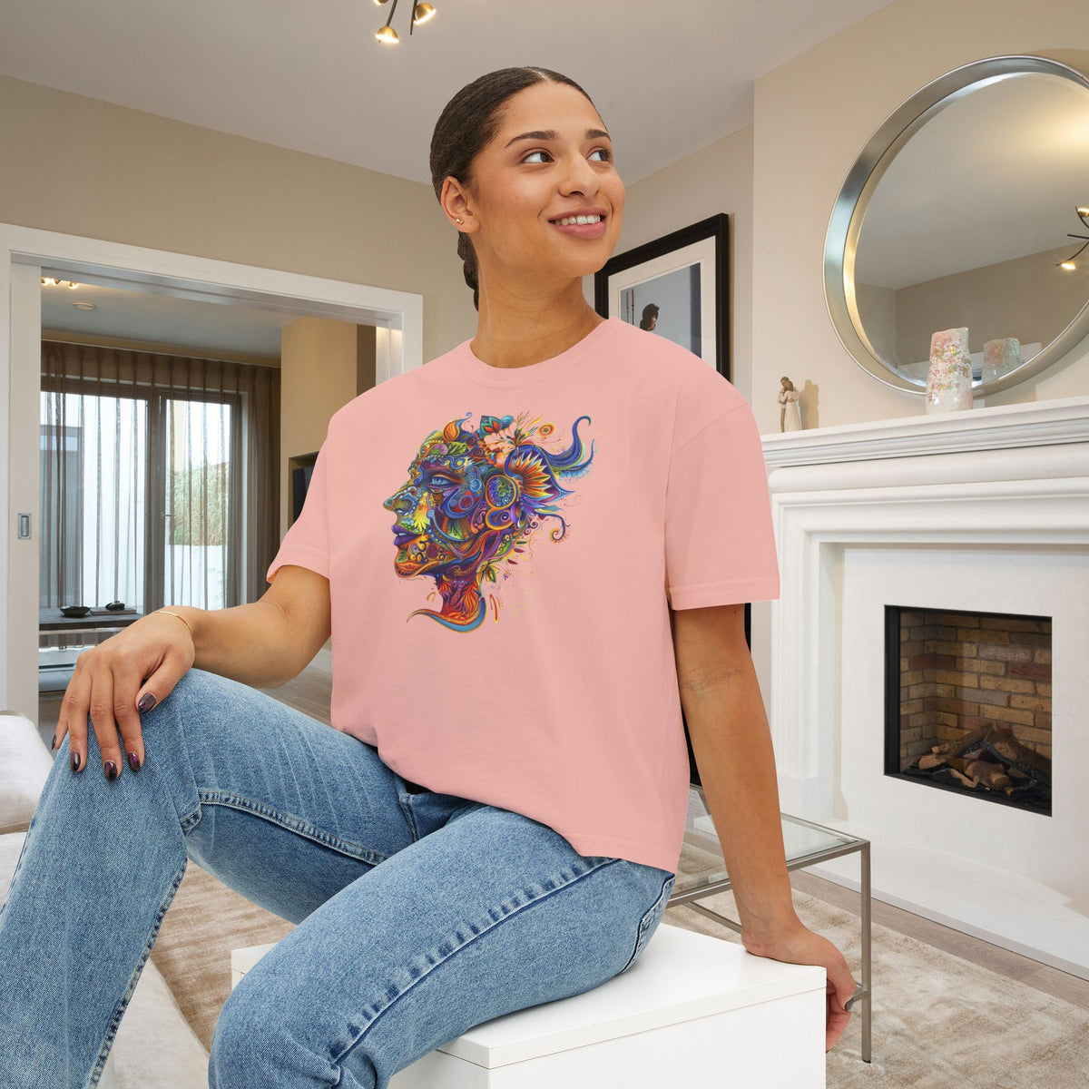Colorful Paisley Woman Profile Women's Boxy Tee