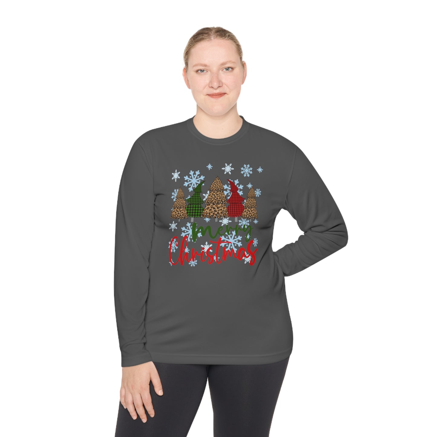 Checkered Trees Merry Christmas Adult Long Sleeve Tee