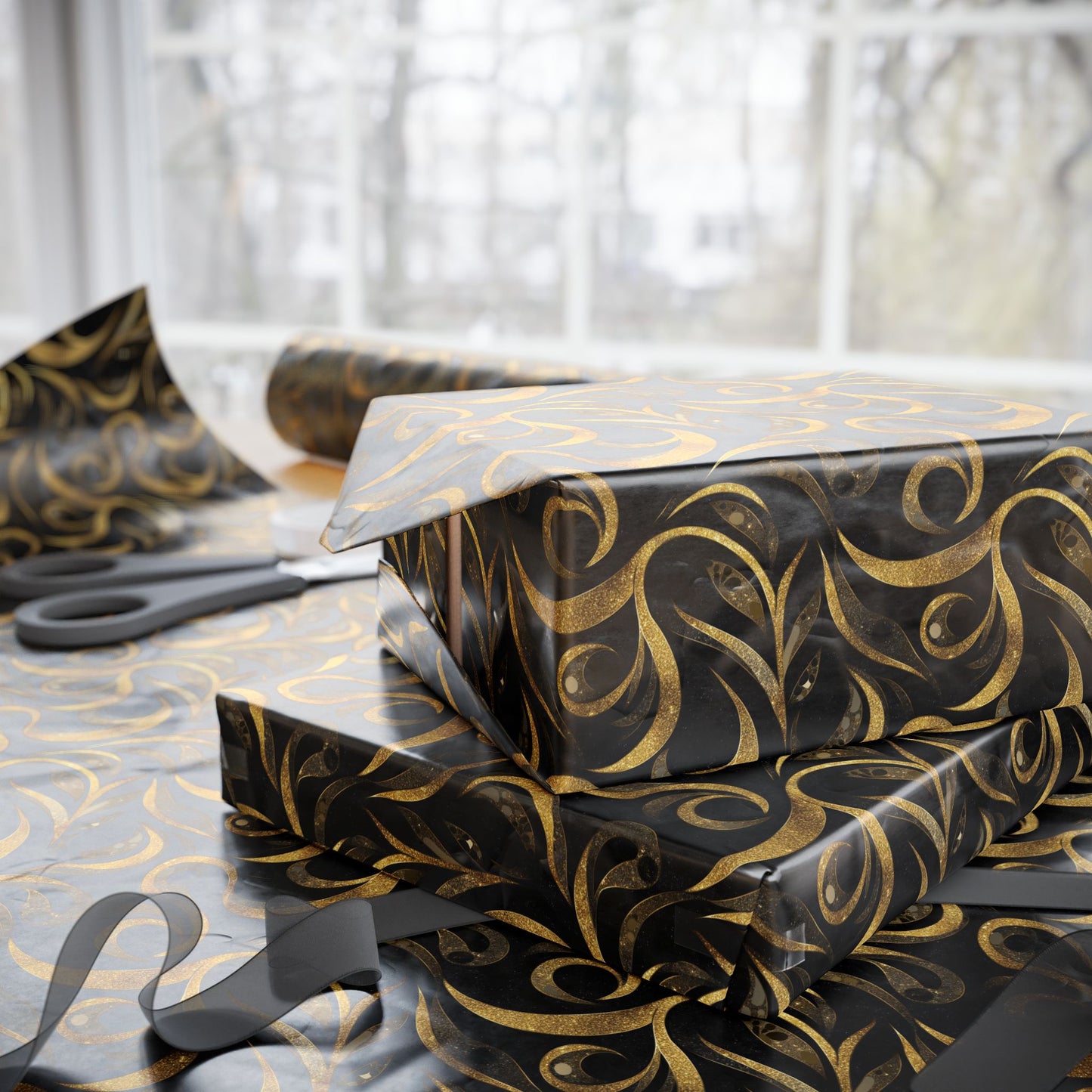 Golden Noir Swirl Wrapping Paper