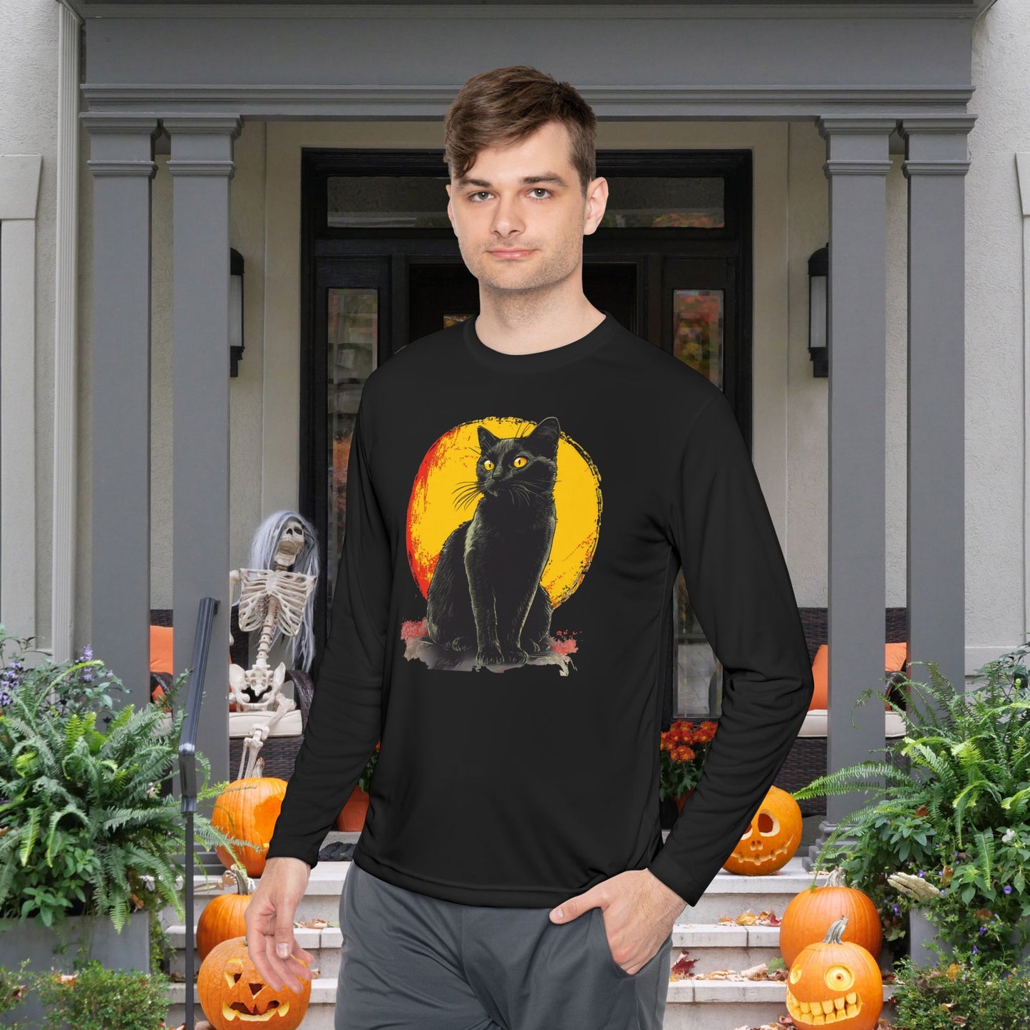 Black Cat Over Moon Adult Long Sleeve Tee