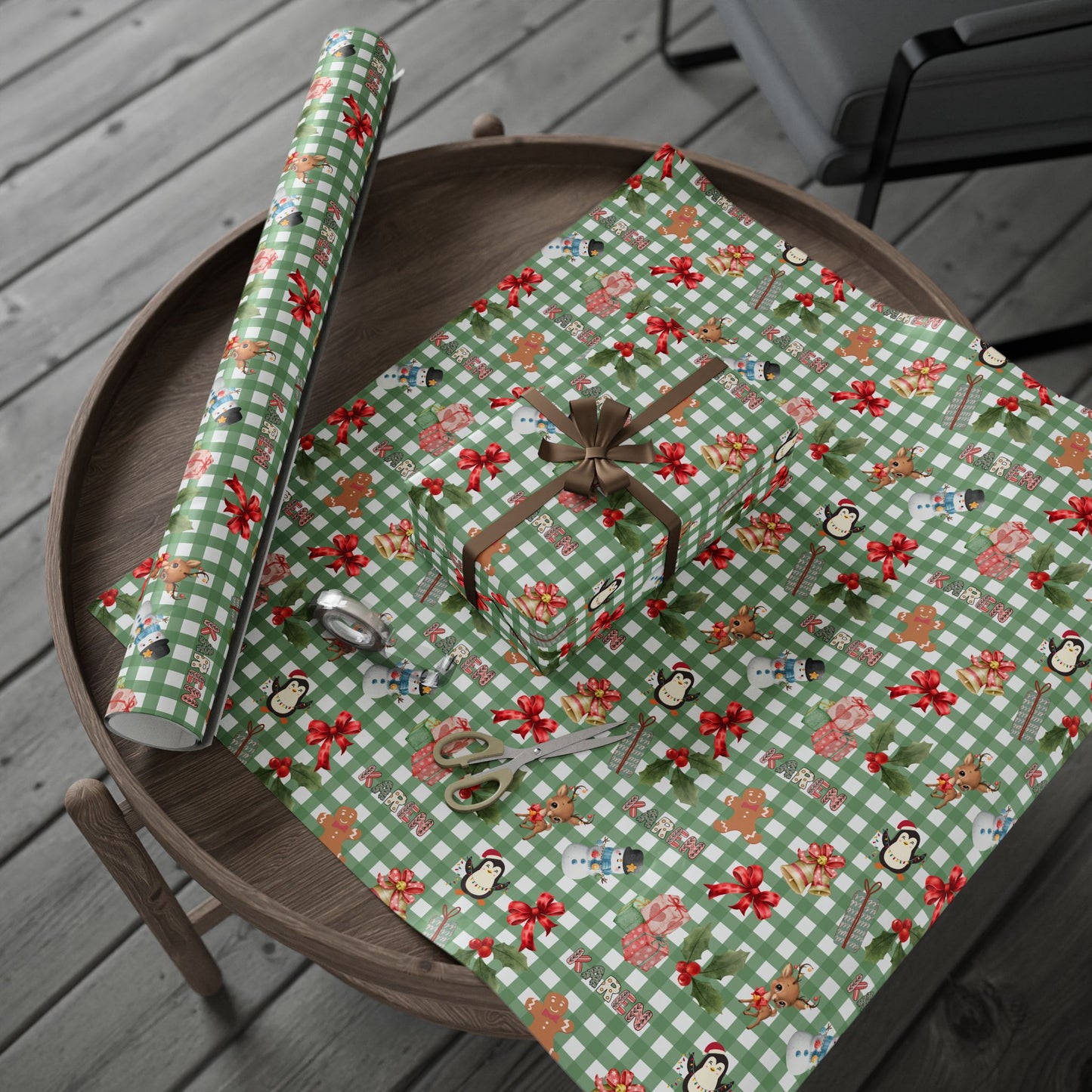 Green Checkered Christmas Custom Wrapping Paper (Karen)