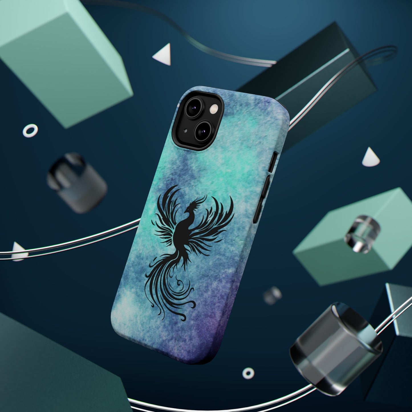 Phoenix Silhouette Over Teal Nebula MagSafe® Compatible Tough Case for iPhone