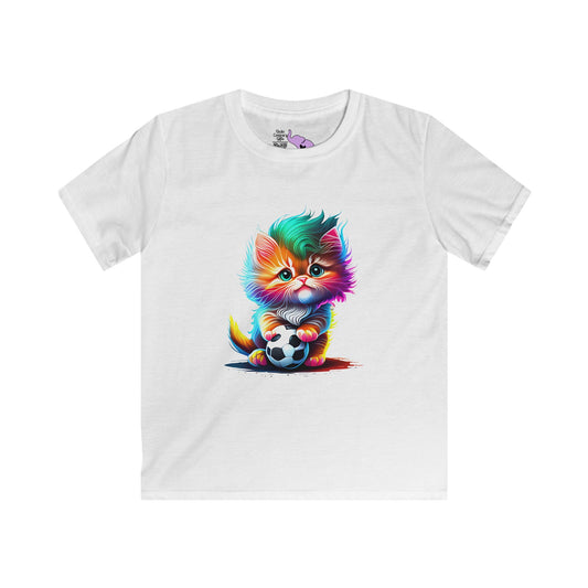 Cute Colorful Kitten w/Soccer Ball Youth Softstyle Tee