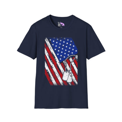 Distressed American Flag w/Dog Tags Adult T-Shirt