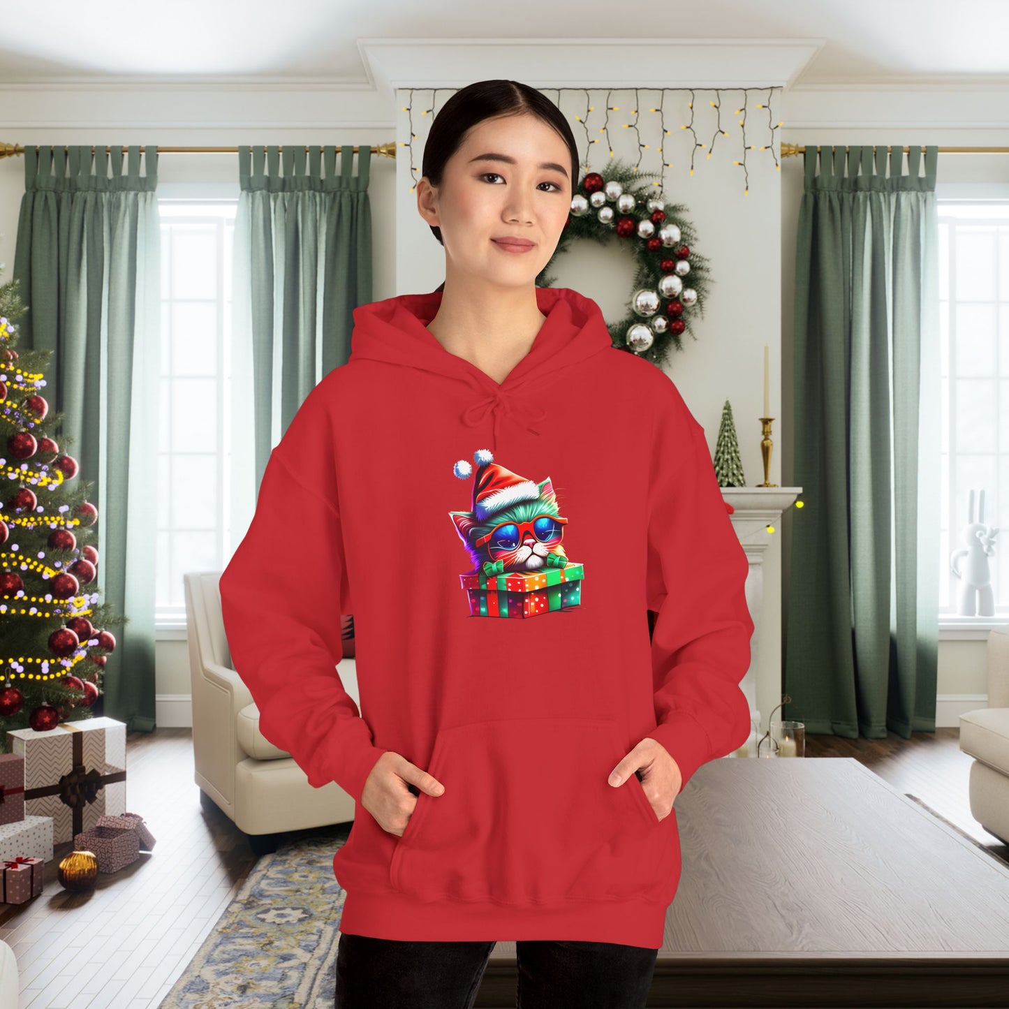 Christmas Kitten w/Gift Heavy Blend™ Hooded Sweatshirt