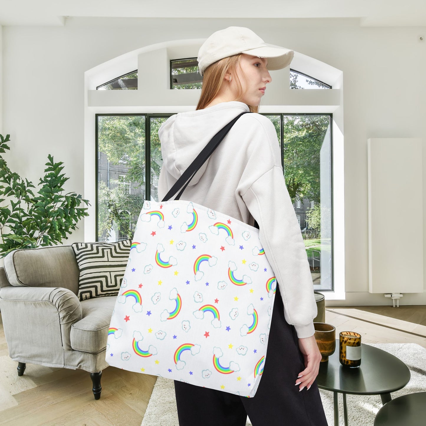 Rainbow Smiles & Stars Canvas Tote Bag