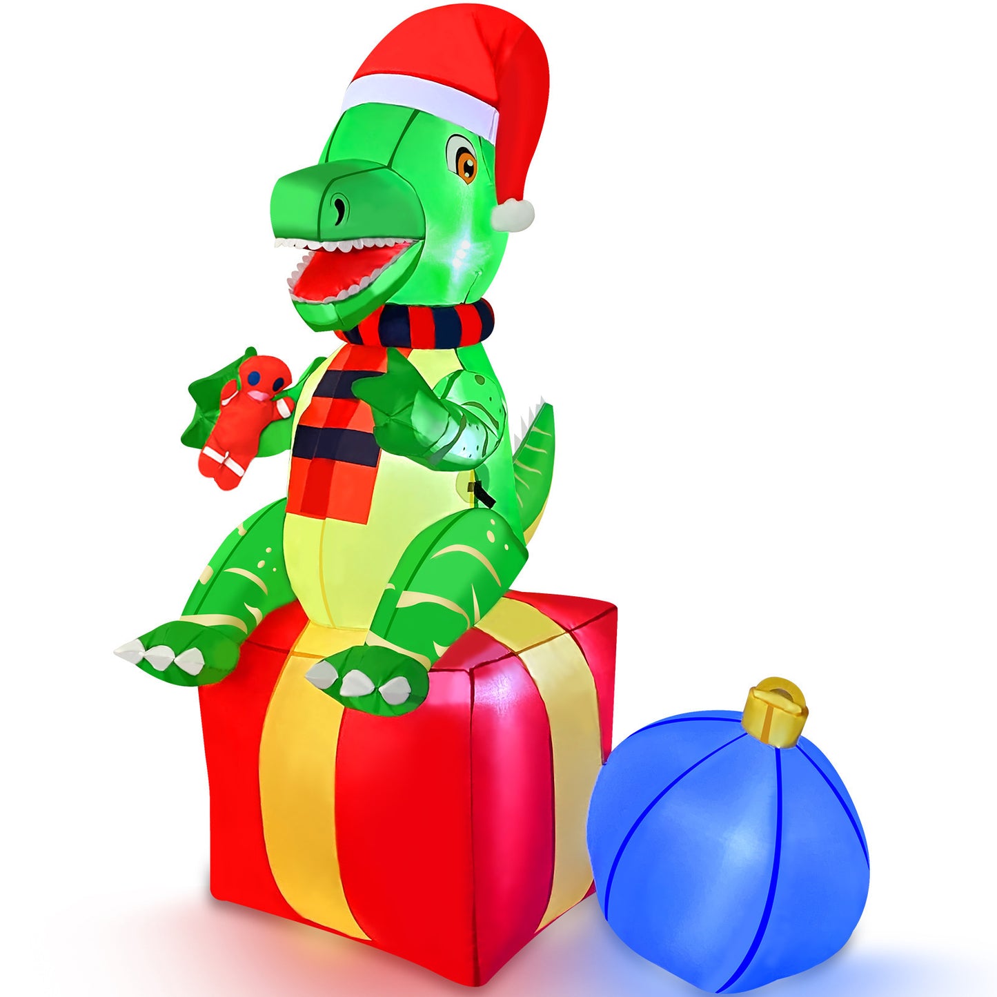 Inflatable Christmas Dinosaur on Gift Box with LED Lights