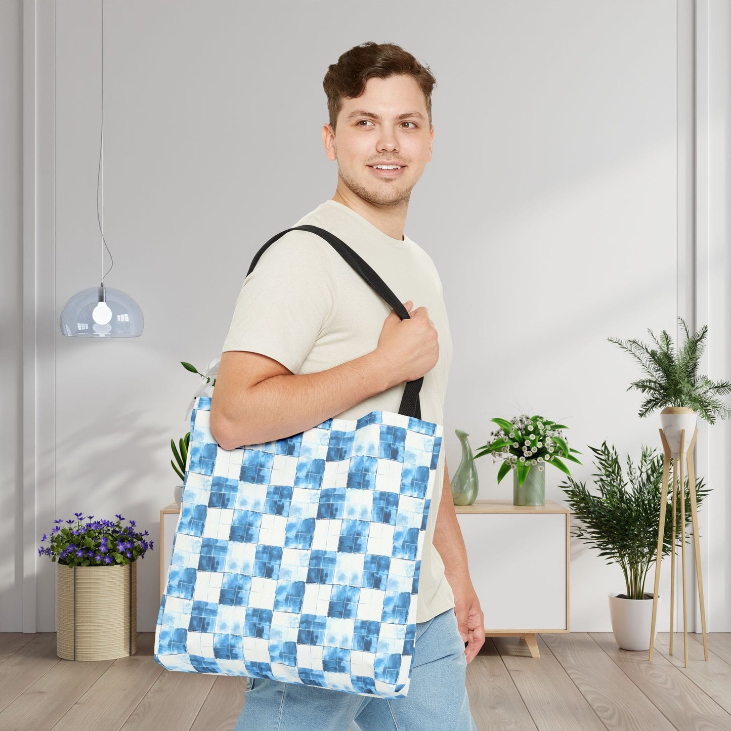 Cozy Blue Checkered Canvas Tote Bag