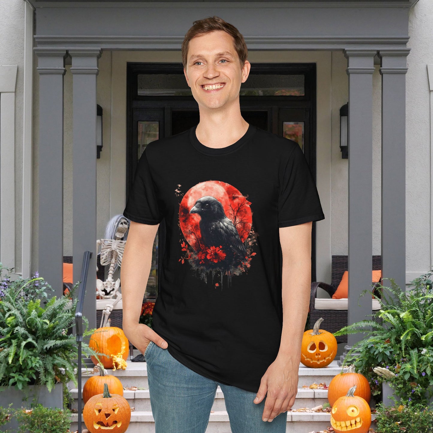 Creepy Raven with Full Moon Adult T-shirt