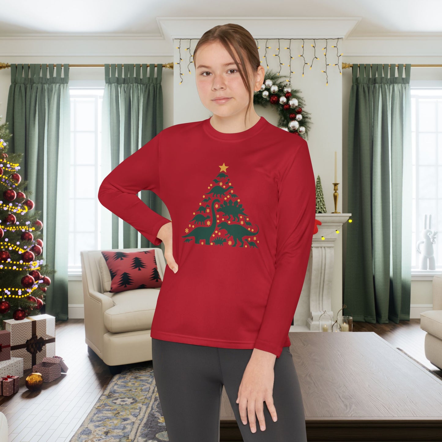 Dinosaur Christmas Tree Youth Long Sleeve Tee