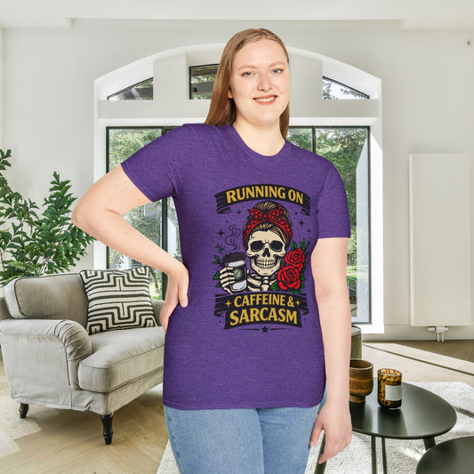 Running on Caffeine and Sarcasm (Roses) Adult T-shirt