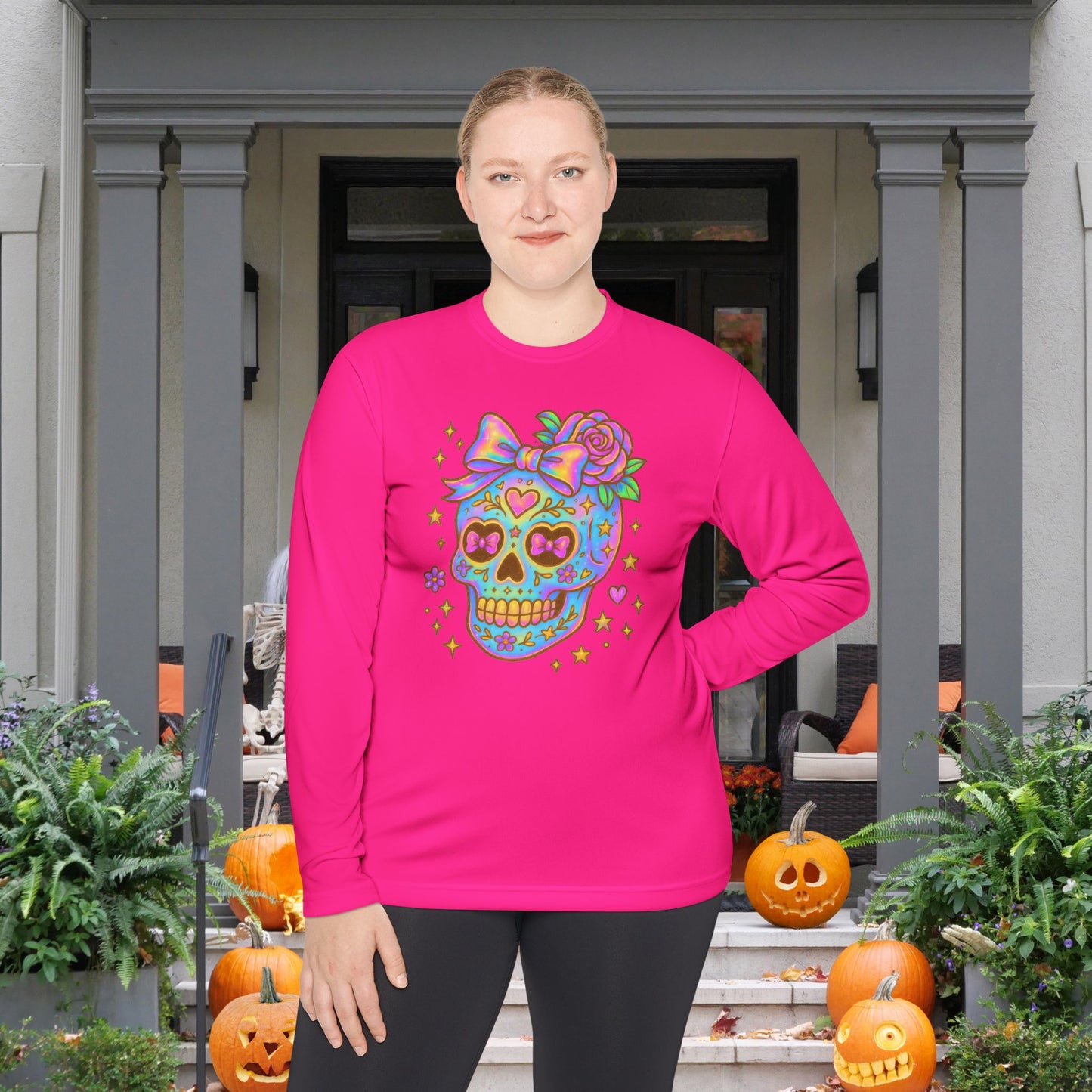Neon Sugar Skull Adult Long Sleeve Tee