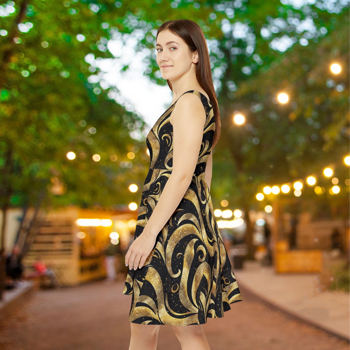 Black & Gold Luxe Swirl Women's Skater Dress