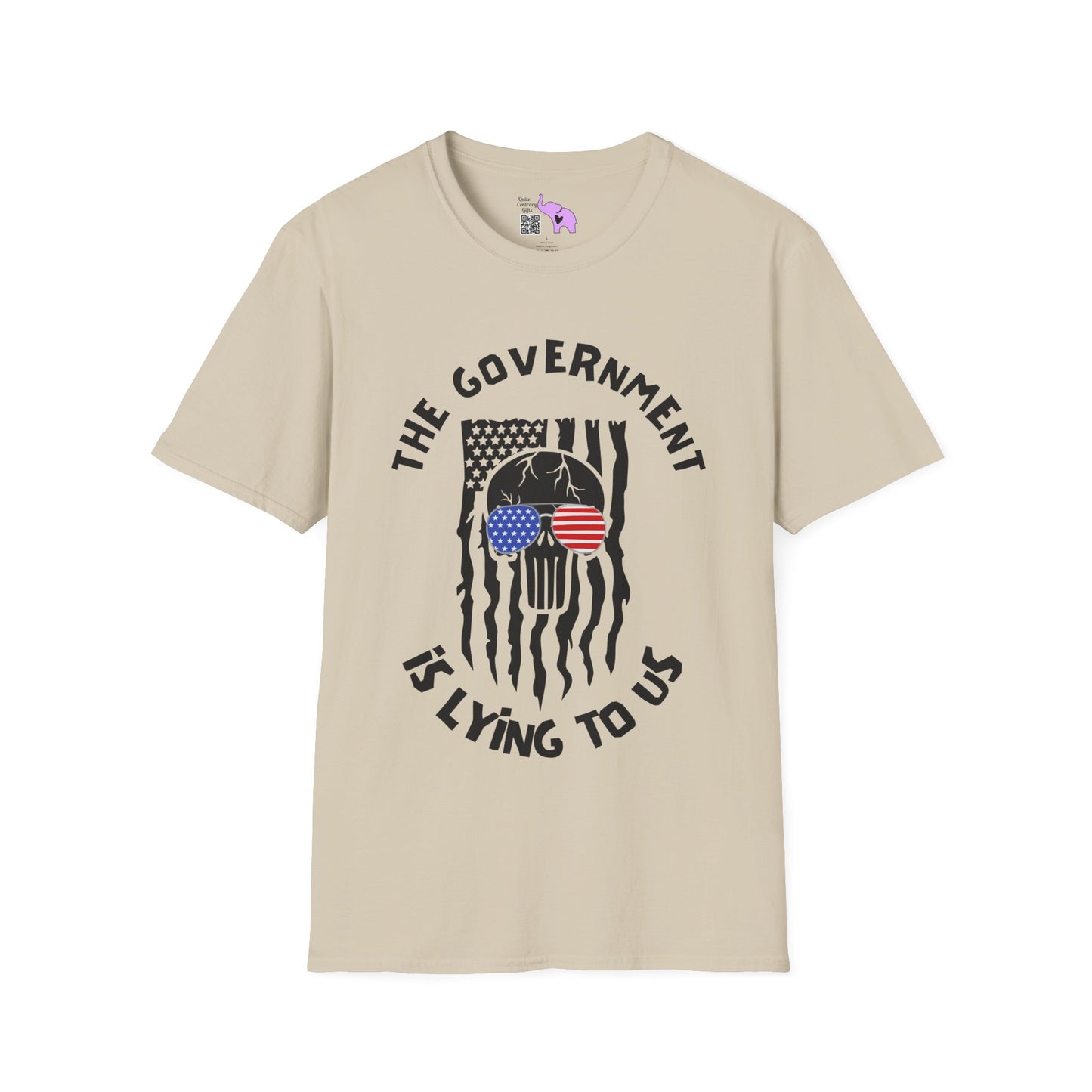 The Government is Lying To Us Skull w/Glasses Over Flag Adult T-shirt