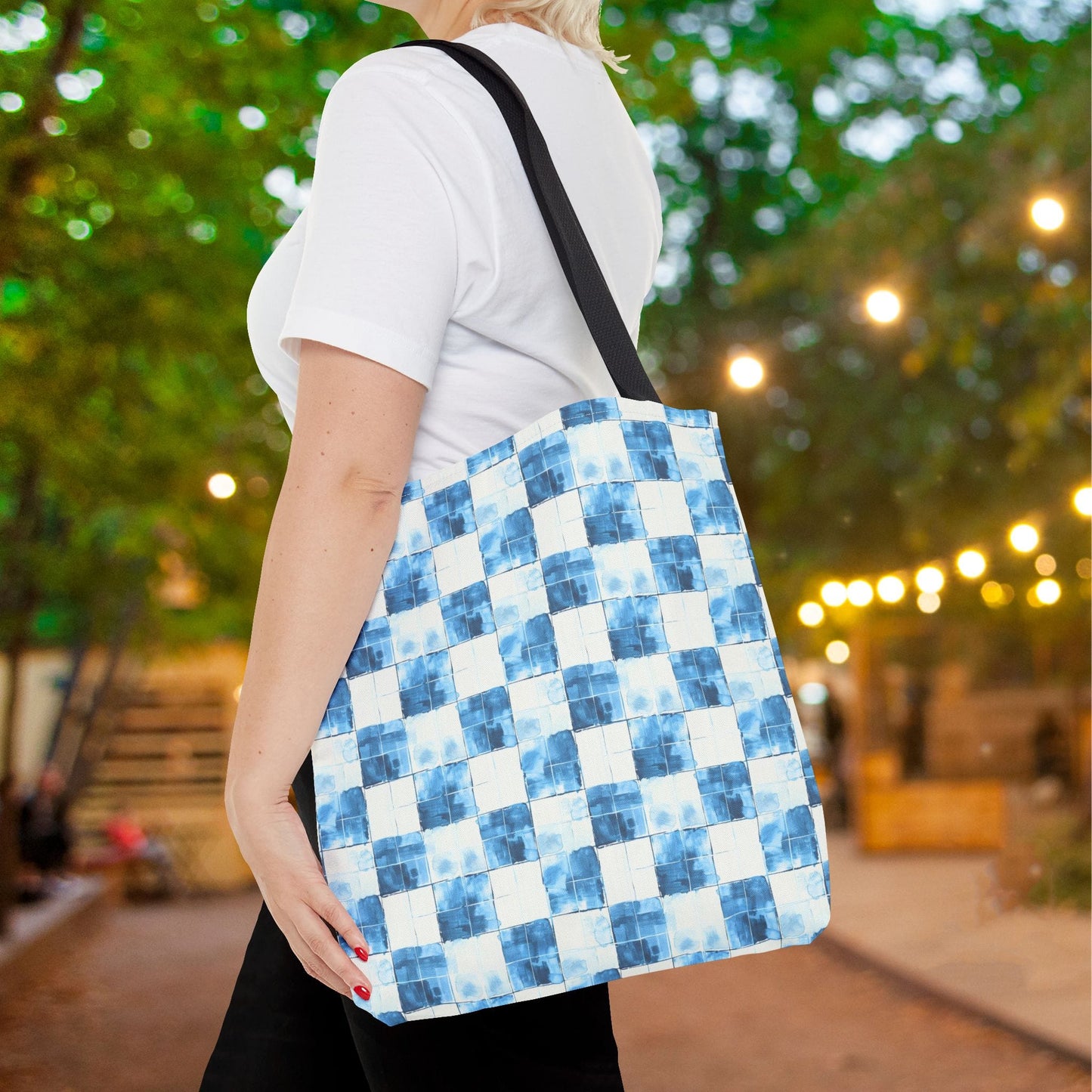 Cozy Blue Checkered Canvas Tote Bag