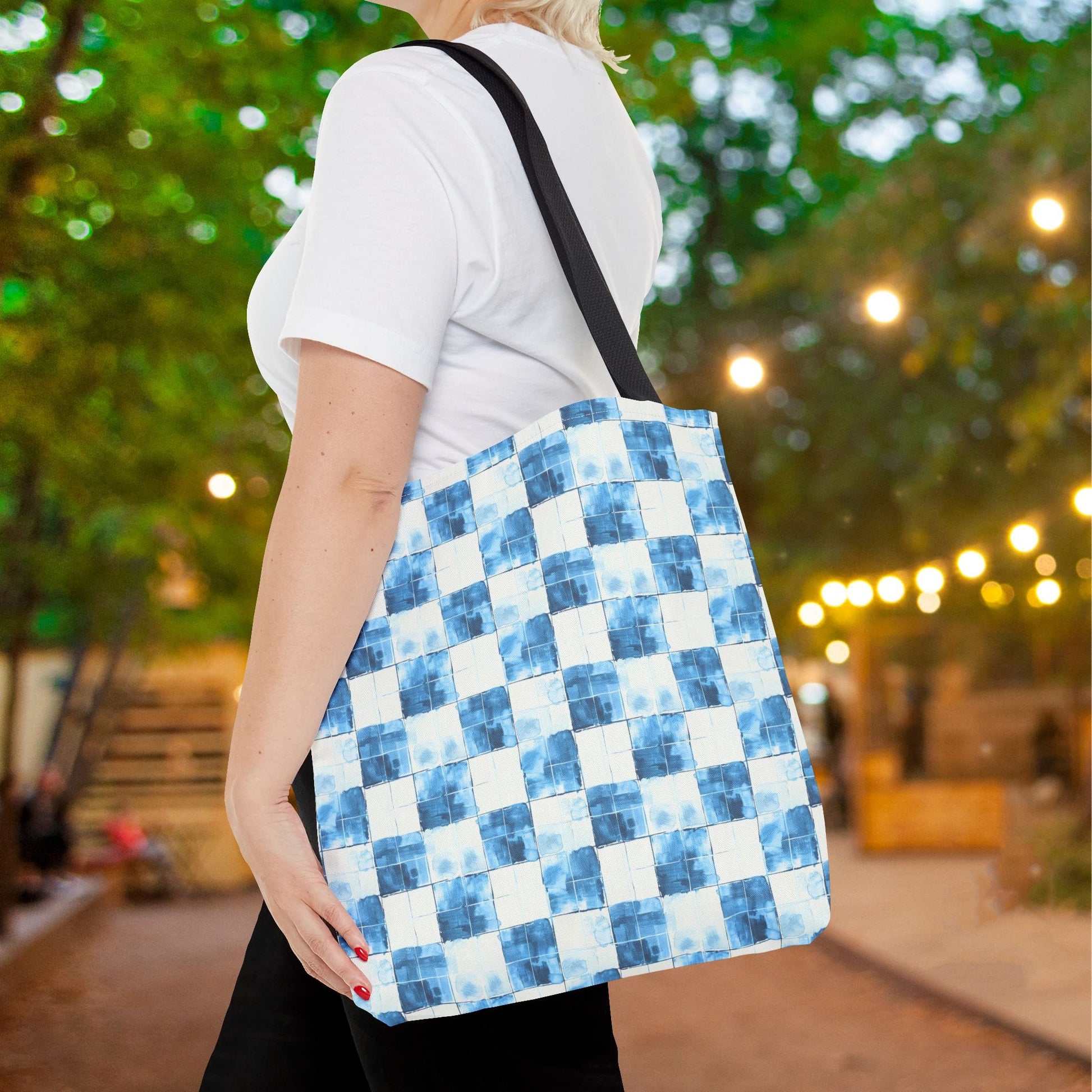 Cozy Blue Checkered Canvas Tote Bag