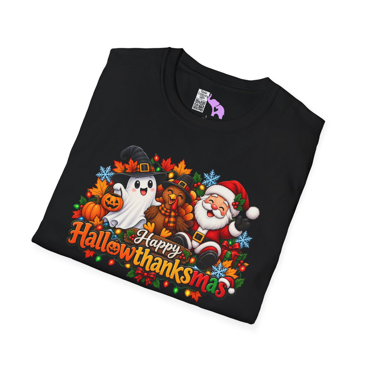 Hallowthanksmas Shirt (Ghost/Turkey/Santa) Adult T-shirt
