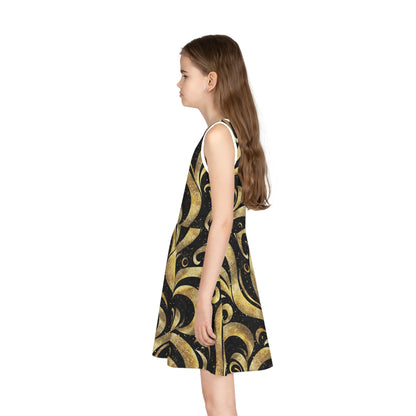 Black & Gold Luxe Swirl Girls' Sleeveless Sundress
