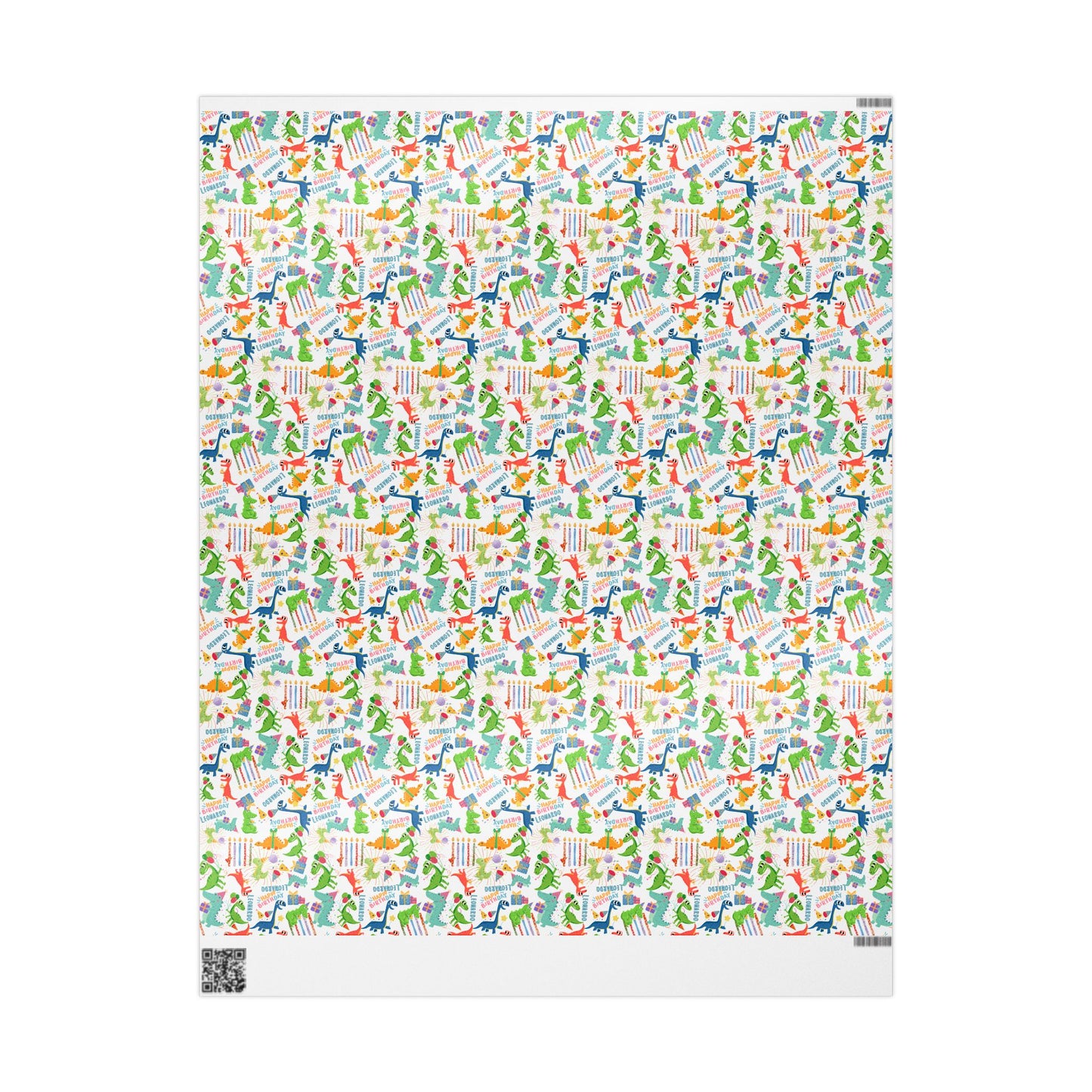 Birthday Dinosaur (White) Custom Name Wrapping Paper (Leonardo)