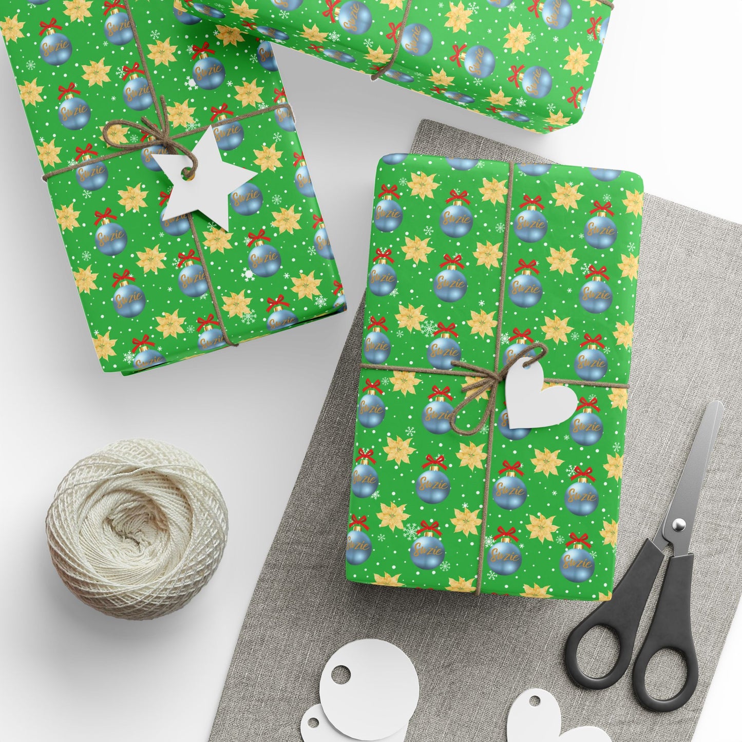 Blue Ornament Green Paper Custom Wrapping Paper (Suzie)