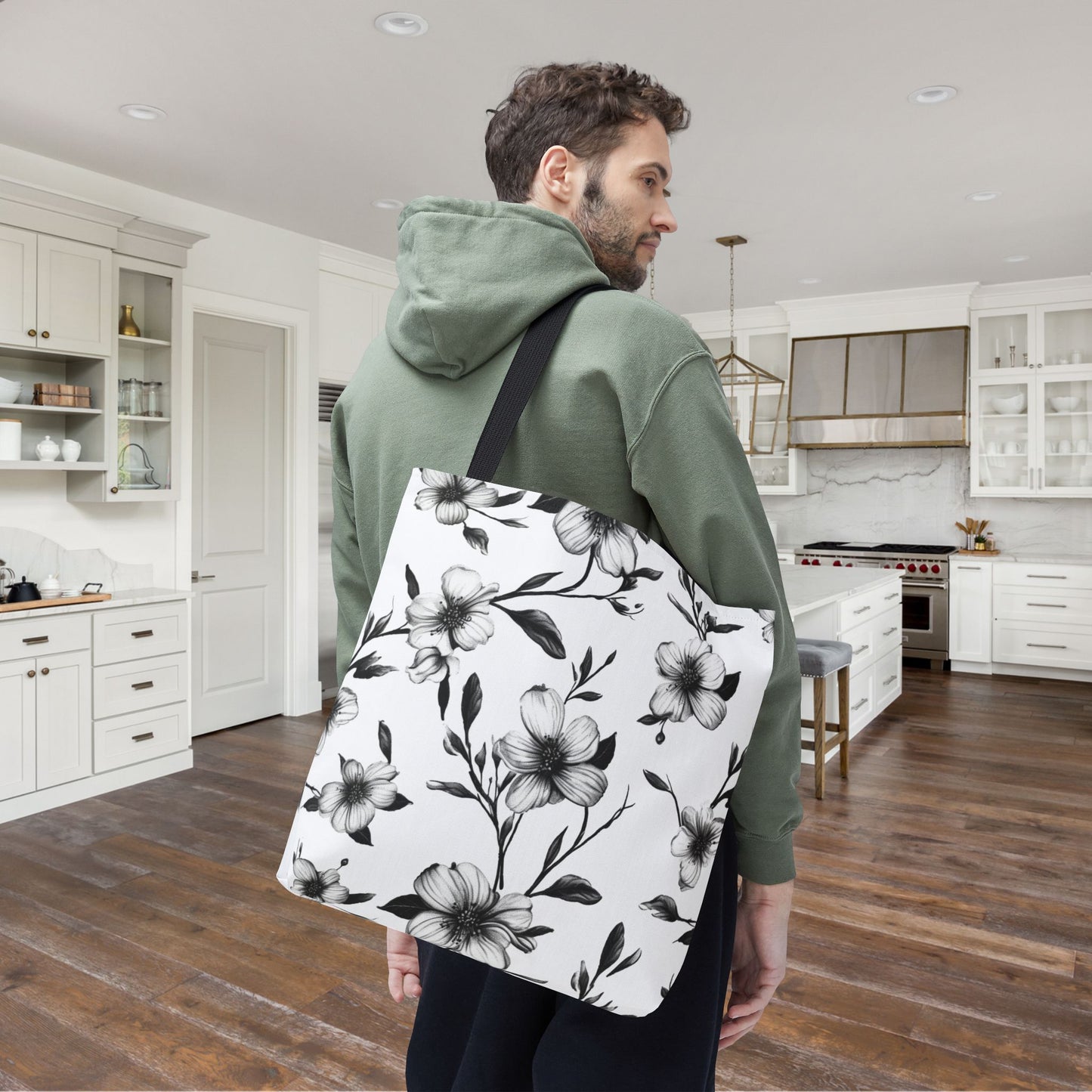 Black & White Five Petal Floral Canvas Tote Bag