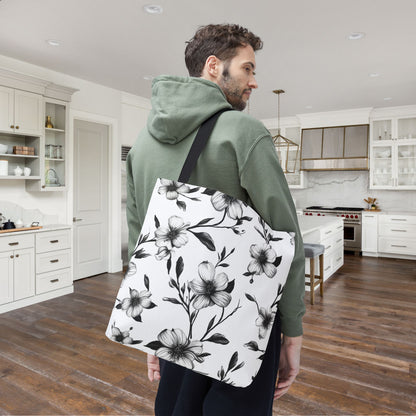 Black & White Five Petal Floral Canvas Tote Bag