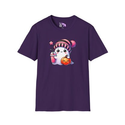 Cute Ghost w/Pumpkin and Pink Drink Adult T-shirt