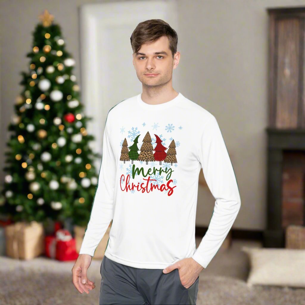 Checkered Trees Merry Christmas Adult Long Sleeve Tee