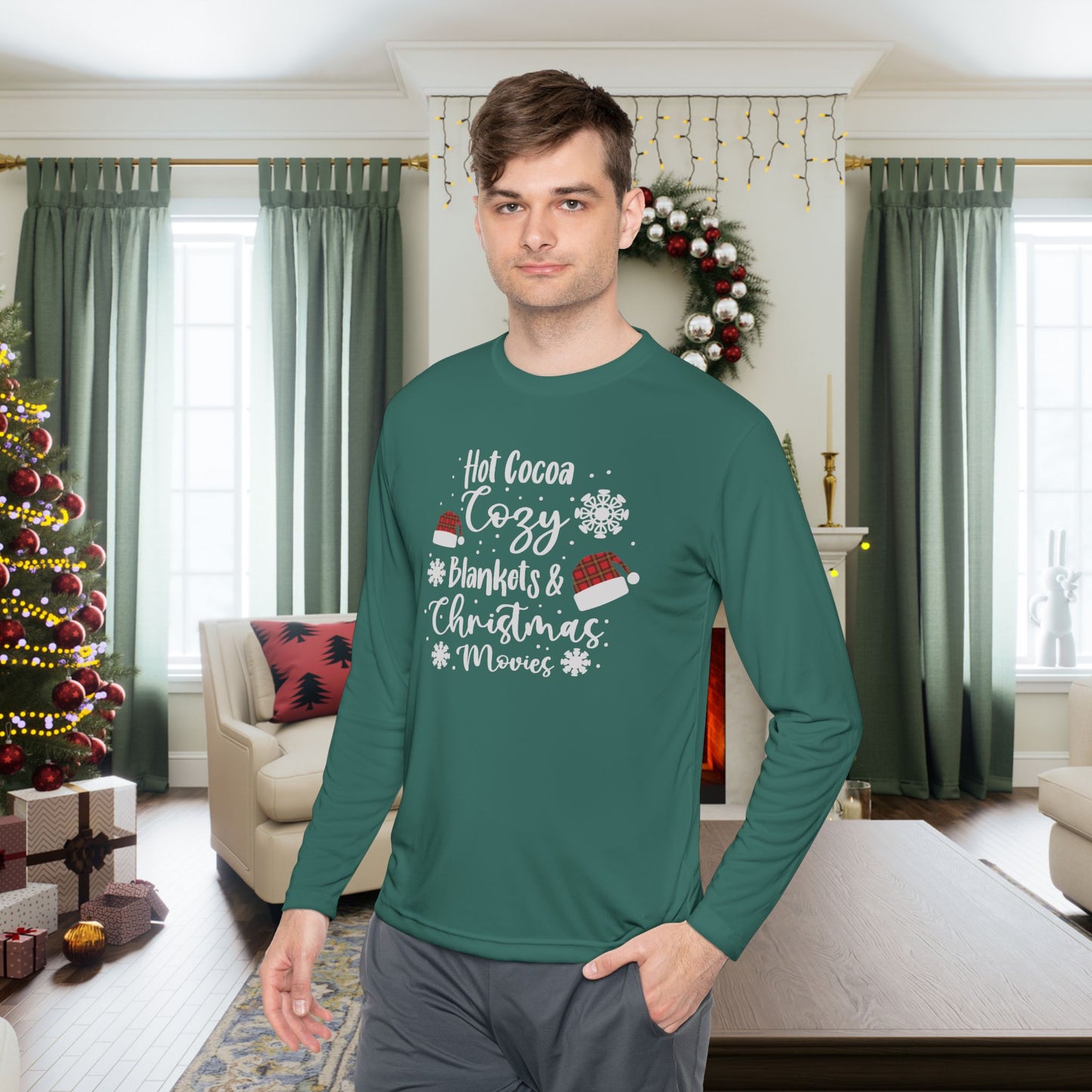Hot Cocoa, Cozy Blankets & Christmas Movies Adult Long Sleeve Tee