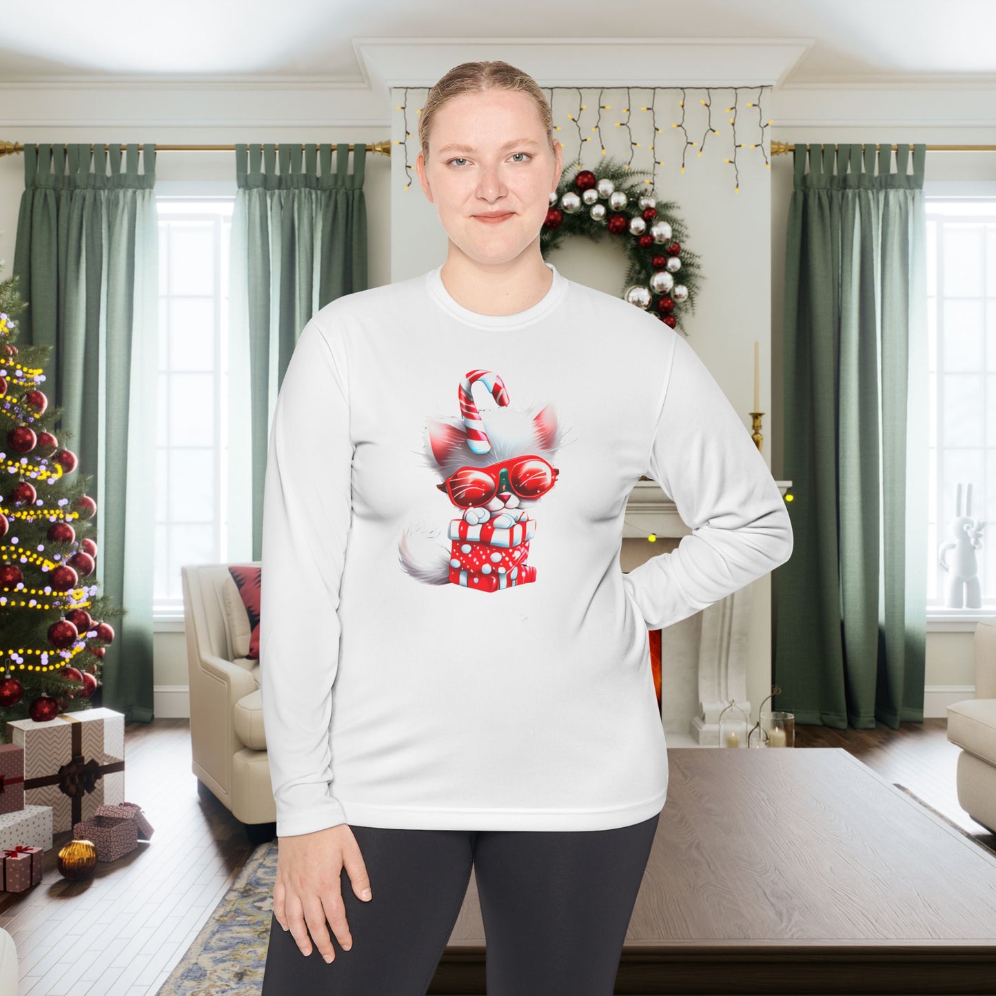 Candy Cane Kitten Adult Long Sleeve Tee