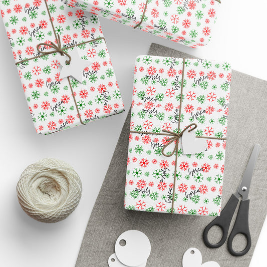 Red & Green Snowflakes Custom Name Wrapping Paper (Soren)