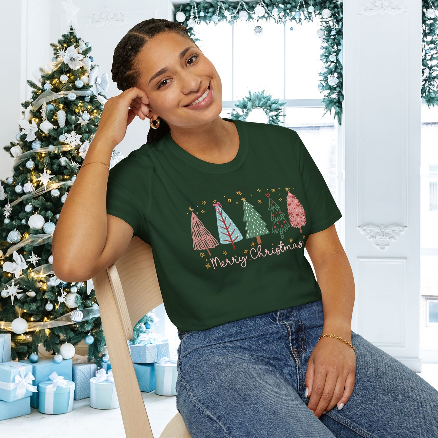 Merry Christmas Trees & Stars Adult T-shirt