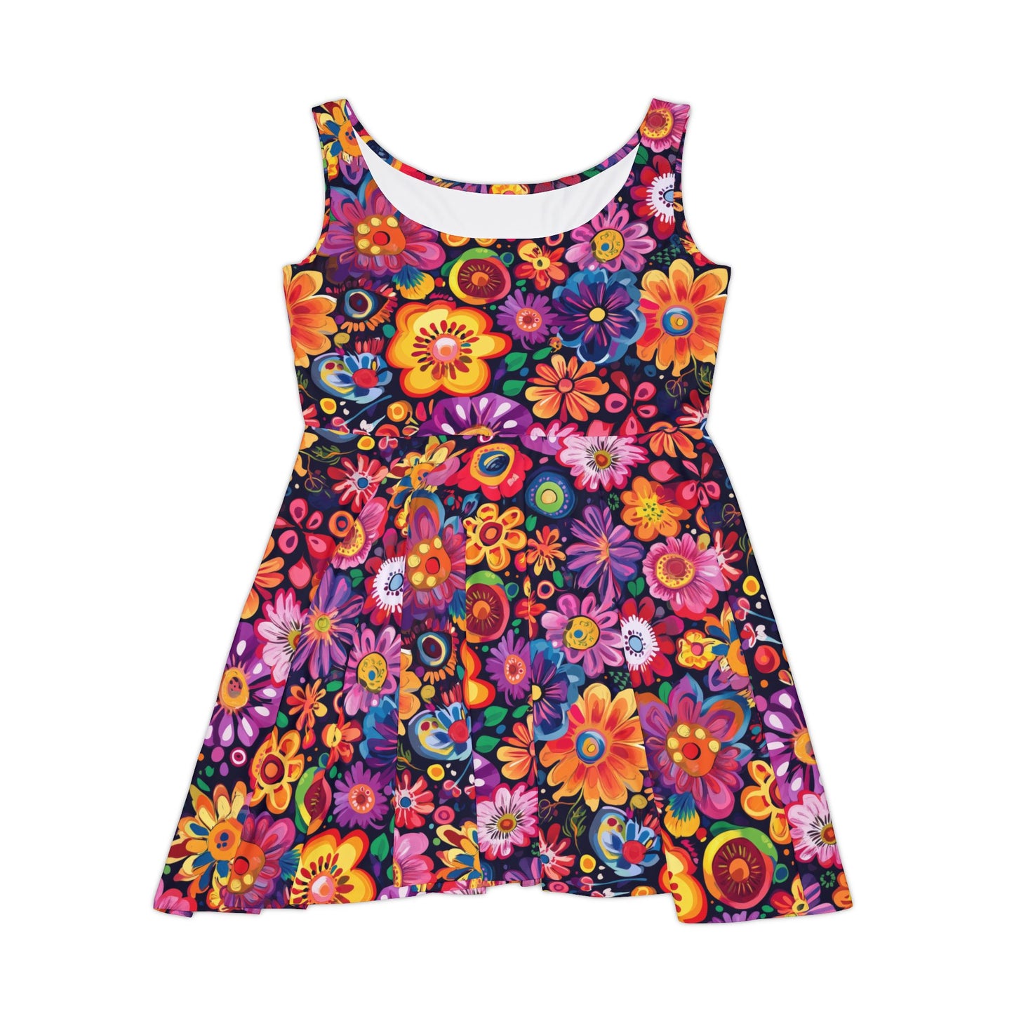 Vivid Floral on Black Women's Skater Dress - Fun Spring Floral Dress for Every Occasion