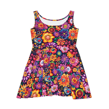 Vivid Floral on Black Women's Skater Dress - Fun Spring Floral Dress for Every Occasion